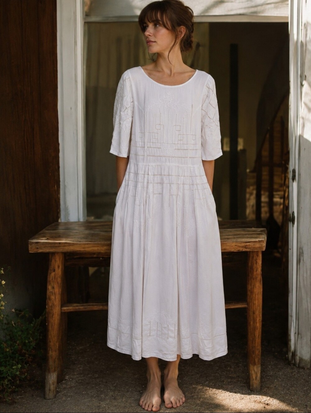 Handmade Linen Cottagecore Cotton Embroidered Prairie Dress Vtg 1980s Like New